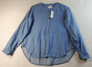Loft Blouse Top Womens Size XS Blue Cotton Long Sleeve Pleated Round Neck NWT - Picture 1 of 9