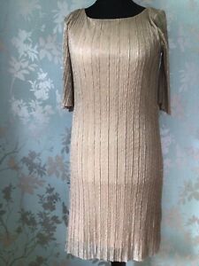 Next Tall Gold Sparkly Concertina Effect 3/4 Sleeve Lined Dress Size 12 VGC