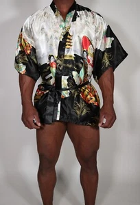 ADULT BLACK SATIN SHORT POLYESTER ROBE (FROM CHINA) - Picture 1 of 3