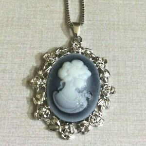 Betsy Johnson Silver Crystal Cameo Pendant on a 28" Long Silver Necklace New!
