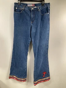 VINTAGE Baxis Jeans Womens 13 Blue Bootcut Mid Rise Denim Y2K Psychedelic Detail - Picture 1 of 9