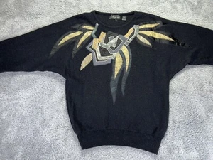 Vintage Angenie schwarzer flauschiger Pullover Strick Perlen silber gold Patches 80er Large - Bild 1 von 10