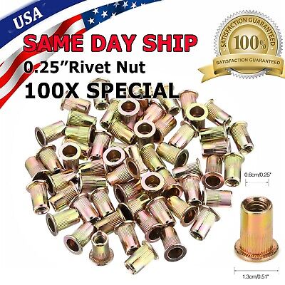 100 Pc Rivet Nuts 1/4-20 Carbon Steel Rivnut Insert Nutsert Threaded Flat Head • 6.99$