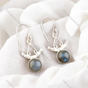 Third Eye Chakra Round Natural Labradorite 925 Silver Dangle Earrings Jewelry - Picture 1 of 6