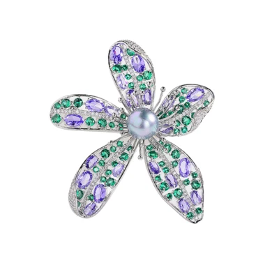 Broche prendedor flor circonita cúbica verde púrpura chapado en oro blanco para mujer Foto 1 de 4