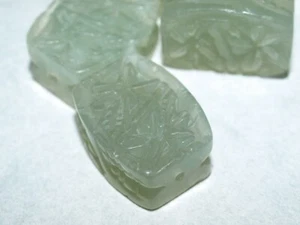 Vintage Carved Chinese Bead Green Serpentine Jade Flowers 20mm Rectangular - Picture 1 of 5