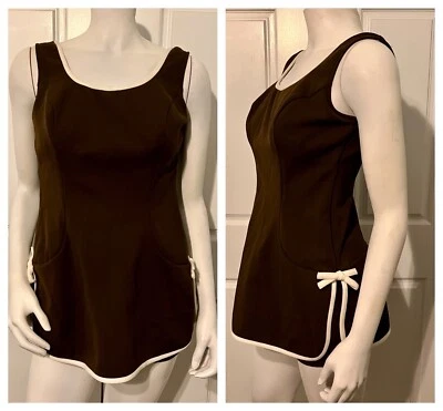 Traje de baño vintage años 60 Carol Brent marrón blanco ribete 2 piezas pantalones cortos sin mangas S/M Foto 1 de 4