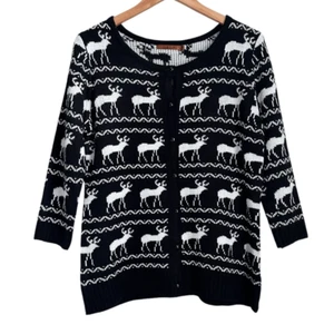 Belldini Women L Sweater Cardigan Black White Reindeer Holiday Winter Ugly Party - Picture 1 of 12