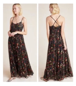 NEU M $ 220 Anthropologie Payal Jain Floral Massima Plissee Maxi Sommerkleid schwarz - Bild 1 von 8