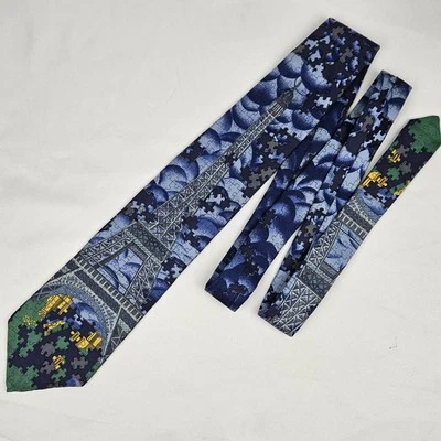 Corbata rompecabezas Lands End Direct Merchants Torre Eiffel azul 100 % seda cosida a mano EE. UU.  Foto 1 de 3