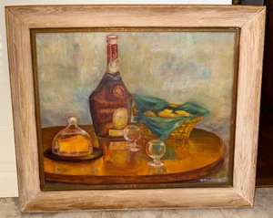 Vintage Stillleben MidCentury Wein Käse Ölgemälde Leinwand gerahmt signiert MCM - Bild 1 von 5