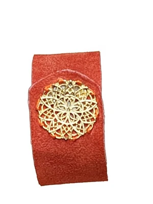 Handmade Orange W/ Gold Tone Flower Mandala Genuine Suede Leather Bracelet 8" - Image 1 of 4