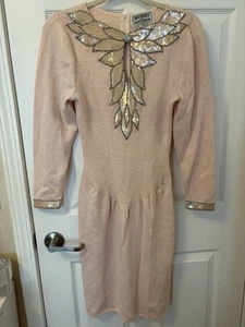 Don Sayres Wellmore Pink Knit Sequin Beaded Floral Dress Cocktail Sz 4 NICE VTG - Picture 1 of 24