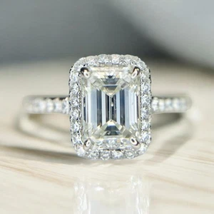 18k White Gold Emerald Cut Diamond GIA Certified Halo Engagement Ring - Picture 1 of 9
