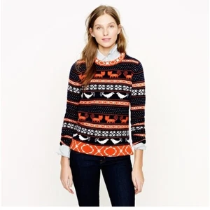 J.Crew Wool Cat Chicken Fair Isle Pullover Sweater, Women’s Small Black/Orange - Picture 1 of 11
