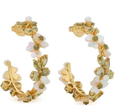 KATE SPADE EARRINGS GREEN HOOPS PRECIOUS PANSY FLOWER JUST BEAUTIFUL NWT - Image 1 of 4