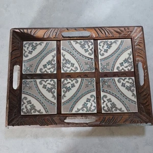 Vintage Mexican Hand Carved Wood Serving Tray Ceramic Art Tile 16 X 12 1970's - Picture 1 of 16