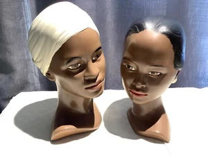Vintage Holland Mold Ceramic African American Head Busts Set of 2 One w Turban - Picture 1 of 17