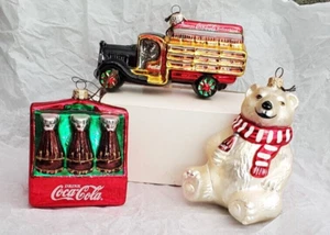 3 Blown Glass Christmas Ornament Coca Cola Truck Polar Bear Polonaise Kurt Adler - Picture 1 of 22