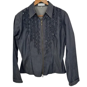 Anne Fontaine Denim Jacket Ruffle Zip Up Size 5 Quiet Luxury Designer Casual EUC - Picture 1 of 8