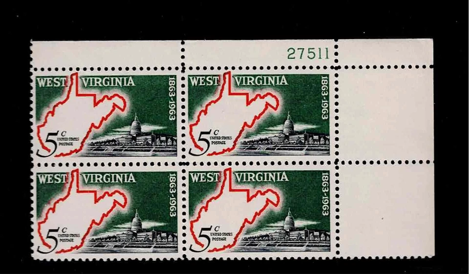 US Scott #1232, Plate Block #27511 1963 West Virginia 5c FVF MNH Upper Right - Image 1 of 1