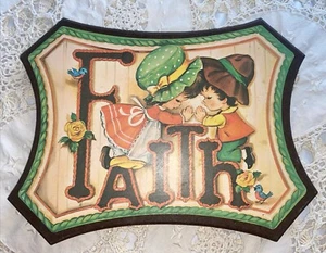 Vtg Country Farmhouse Faith Children Praying Wood Print Wall Art Plaque Cottage - Picture 1 of 5