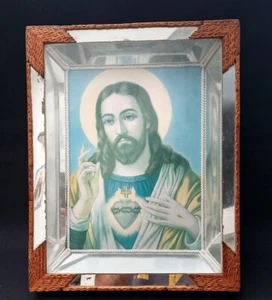 Vintage Jesus Icon Matchstick Folk Art Frame 3D Effect Mirror Handmade - Picture 1 of 6