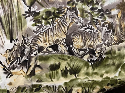 VTG Alexander Henry Fabric Riverboat Safari Zebras Tiger Browns Greens Blue 1.5Y - Image 1 of 4