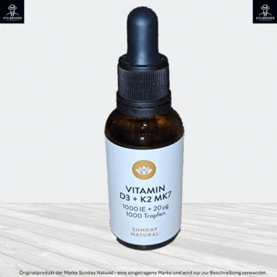 SUNDAY NATURAL Vitamin D3 + K2 Tropfen 25ml – 1000 IE D3 + 20 µg K2 MK7 all-trans – vegan