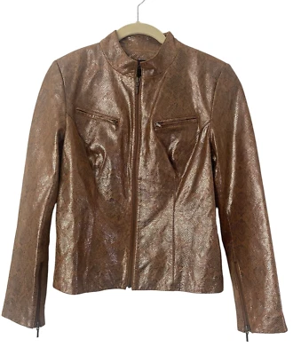 VS2 by VAKKO Snake Print Genuine Leather Zipper Jacket BROWN GOLD Size 8 - Image 1 of 4