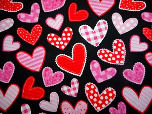Quilt Fabric By Yard Red Pink Fancy Valentine Hearts Black Premium Cotton - Picture 1 of 2