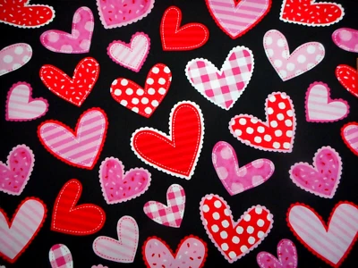 Quilt Fabric By Yard Red Pink Fancy Valentine Hearts Black Premium Cotton - Image 1 of 2