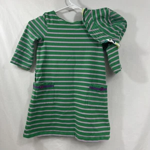 Mini Boden Girl’s Dress, Long Sleeve, Stripes Green & Gray Size 5-6Y W/ Cap - Picture 1 of 5