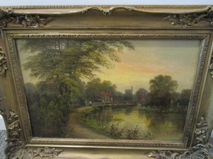 R. Allan Original Vintage Oil Painting - Pond Scene with Bridge - 12 x 18 - Picture 1 of 5