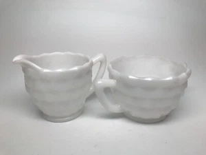Vtg JEANNETTE GLASS "CUBE WHITE" CREAMER & OPEN SUGAR BOWL - Picture 1 of 6