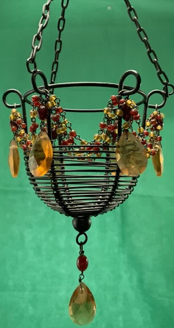 Hanging Basket Small Black Metal Multicolor Plastic Beads Gems attached 3.5” Cover