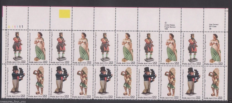 US #2240-2243 Wood Carving Folk Art Plate Block of 20 Stamps Indian Nautical MNH - Image 1 of 1