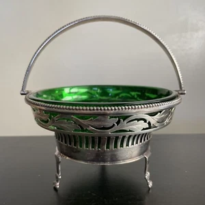 Antike HB&S gepunzt Silber Zuckerdose Korb Weinblätter Original Glasschale - Bild 1 von 15