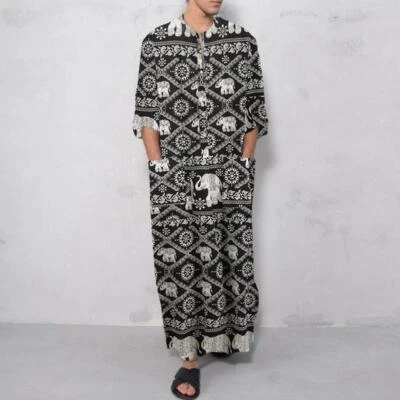 Spring Summer Middle Eastern Long-Sleeved Arab Men Striped Printed Muslim Robe - Image 1 of 4