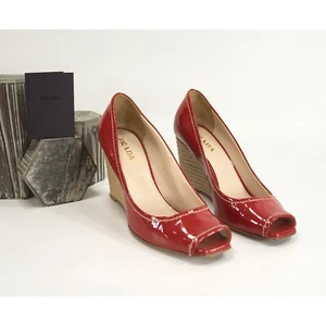Prada Red Patent Leather Espadrille Wedge Peep Toe Heels Size 37 EUC - Picture 1 of 9