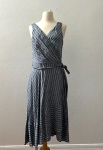 Womens DKNY Striped Surplice Asymmetrical Neck Line Belted Linen Dress Size 4 - Picture 1 of 7