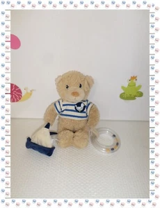 C - Doudou Peluche Ours Marin Beige Rayé Ecru Bleu Anneau Bateau Pommette - Picture 1 of 4