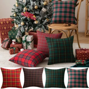 1/2Pcs Christmas Soft Tartan Check Throw Pillow Case Cushion Cover Sofa Decor - Picture 1 of 9