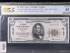 Billete de banco nacional 1929, ""NORFOLK"", ""10194", clasificación PCGS EF-45. Tienda #15054 - Imagen 1 de 2