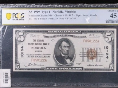 1929 National Bank Note, "NORFOLK" , "10194",  PCGS Graded EF-45. Store #15054 - Image 1 of 2