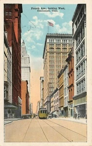 Fourth Ave Looking West Trolley Street Scene Cincinnati,OH 1921 Postcard - Picture 1 of 2