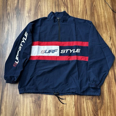 Vintage Surf Style Jacket Blue Red Stripes Windbreaker Half Zip L/XL - Image 1 of 3