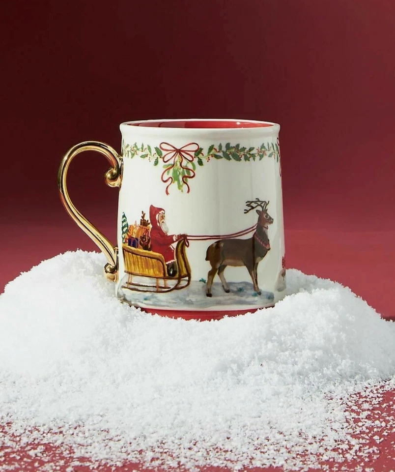 Taza Trineo Anthropologie Nathalie Lete Santas Café Té Latte Navidad Rojo NUEVO Foto 1 de 1