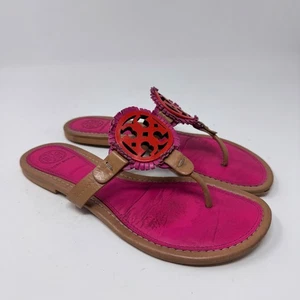 Tory Burch Pink Leather Thong Sandals Logo Medallion Sz Unlisted - Picture 1 of 11