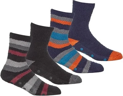 GM APPAREL 4 Pack Mens Cosy Fluffy Slipper Bed Socks with Grips – Soft Lounge Socks - Gift